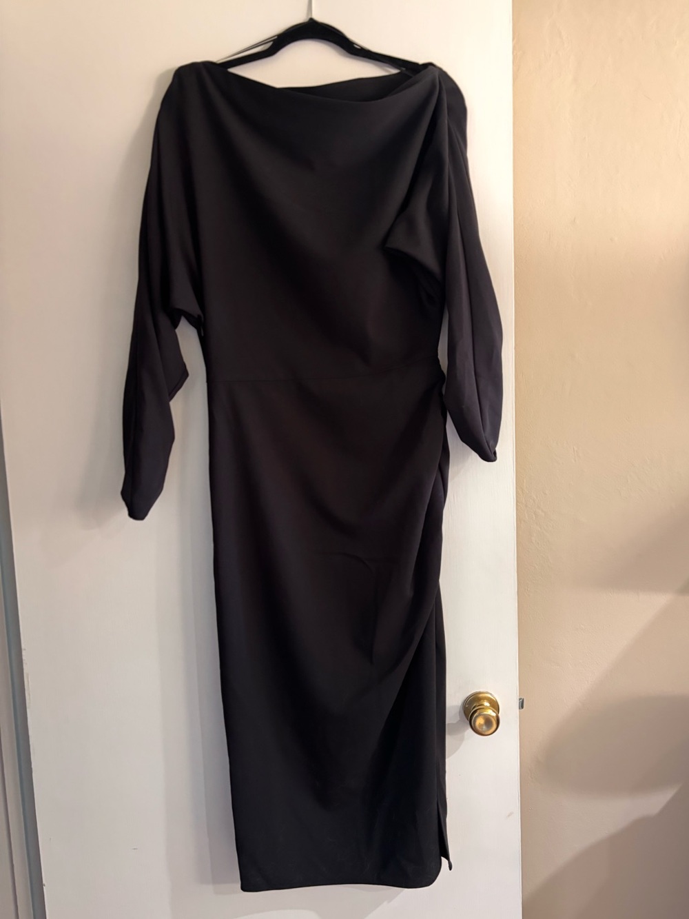 H&M Black Long-Sleeve Midi Dress with Draped Neckline